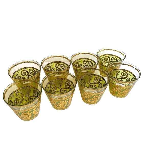 Vintage MCM Culver Glassware set of 8 - Toledo Suburbans Green and Gold - Picture 2 of 4